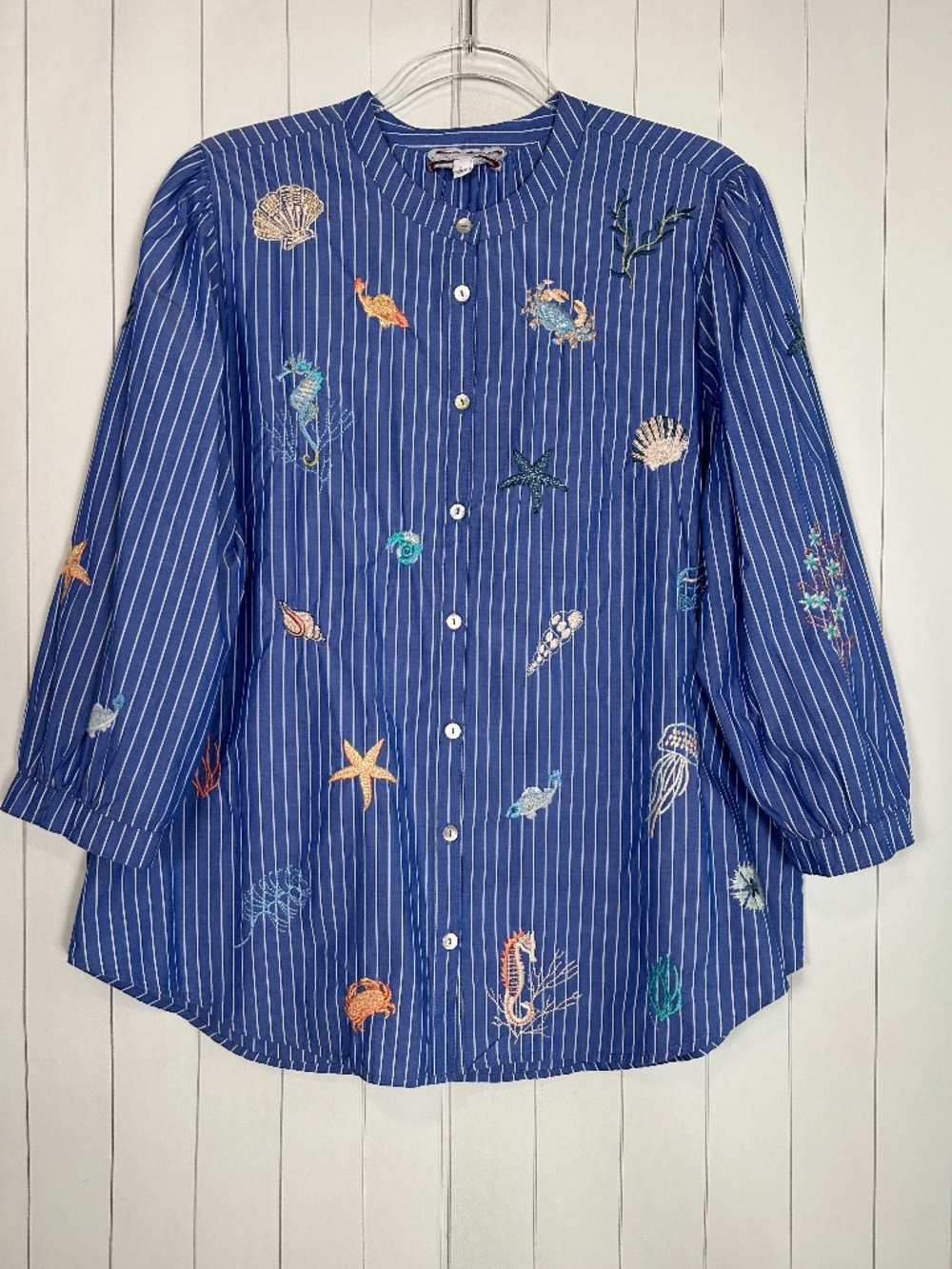 Johnny Was Workshop size L button down shirt blue stripe embroidered sea creatur